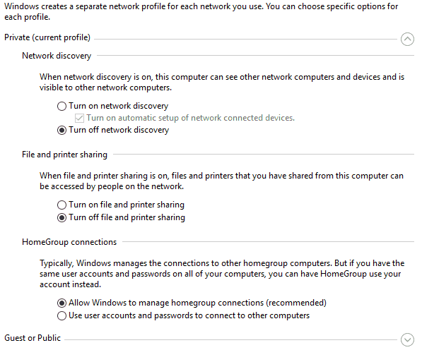 Turn off sharing in Windows 10