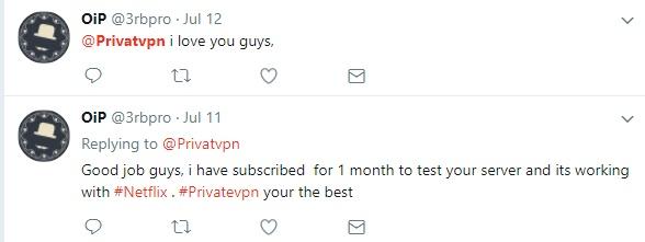 PrivateVPN twitter service reviews