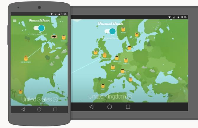 TunnelBear's Android app on phone and tablet