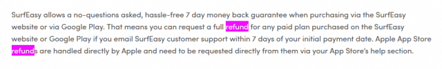 SurfEasy Money back guarantee terms