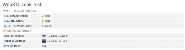 Anonymous VPN WebRTC test report