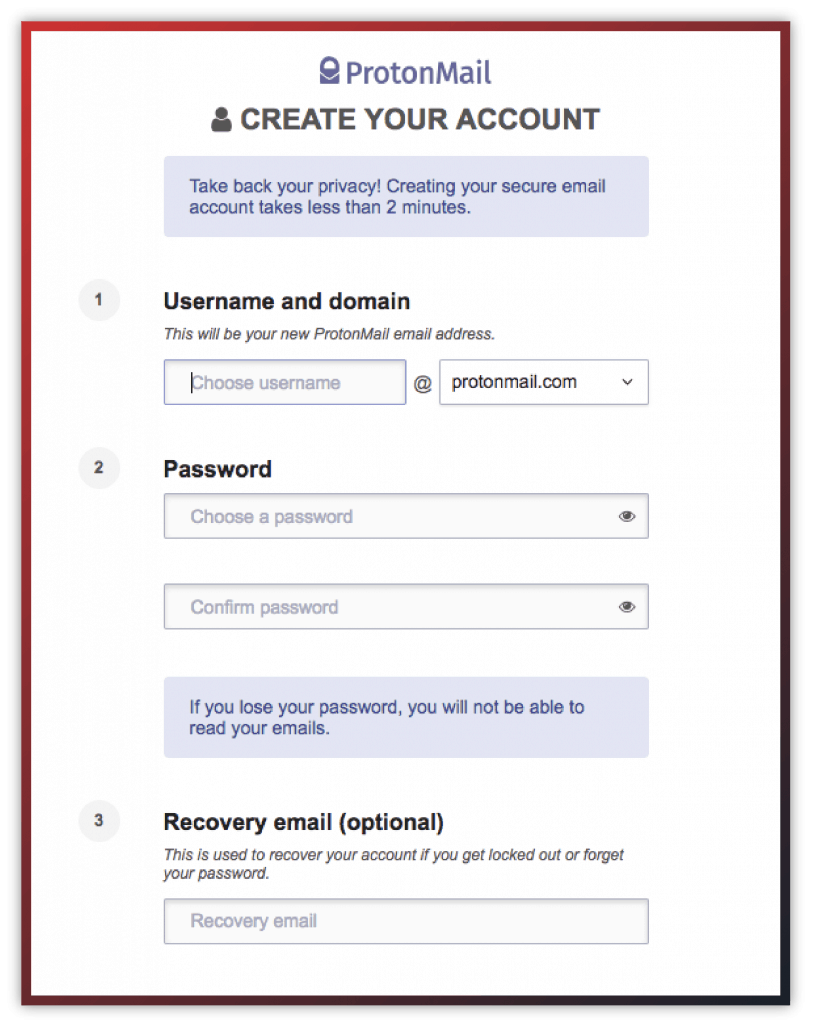 protonmail signup screen