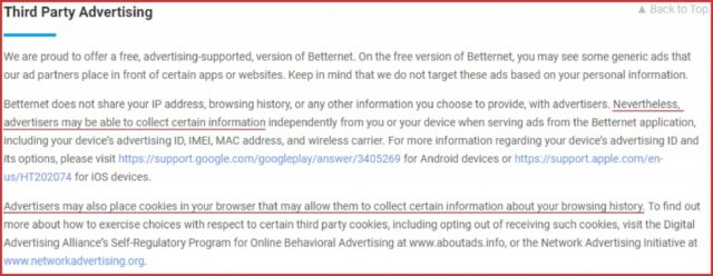 Betternet adds advertisers cookies