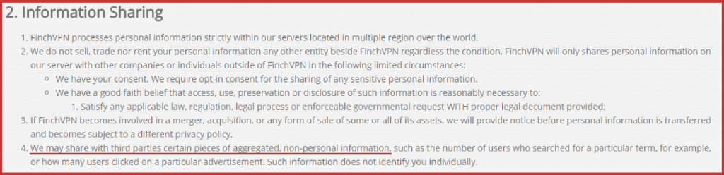 FinchVPN data sharing policy