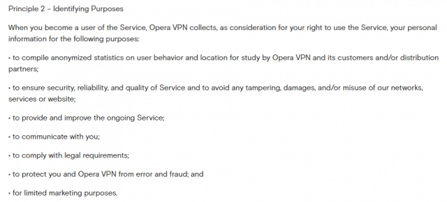 Opera VPN identifying purposes