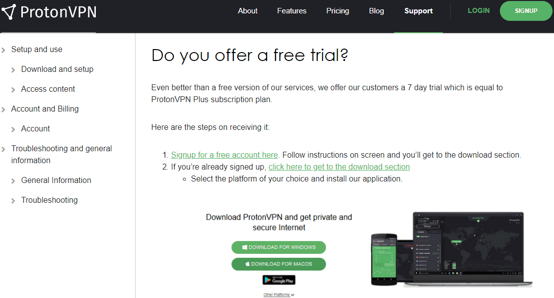 protonvpn free trial page