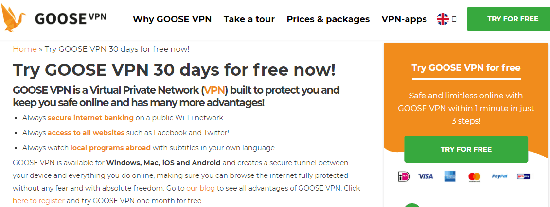 goosevpn free trial page