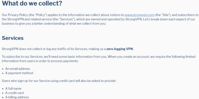 StrongVPN privacy policy