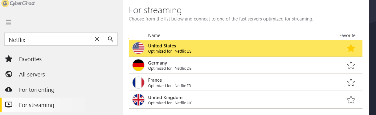 CyberGhost Netflix Servers