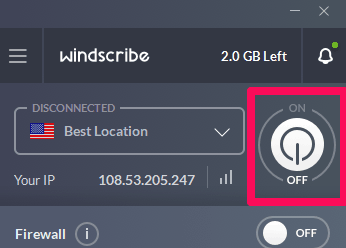 Connect Button for Windscribe VPN
