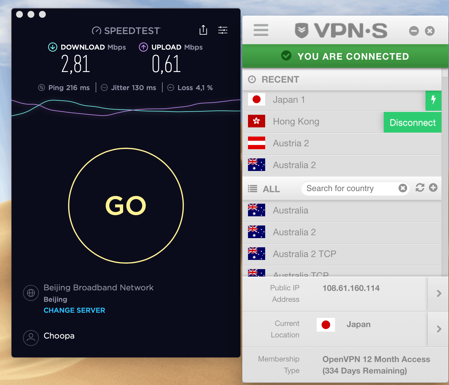 vpnsecure speed test from china unicom
