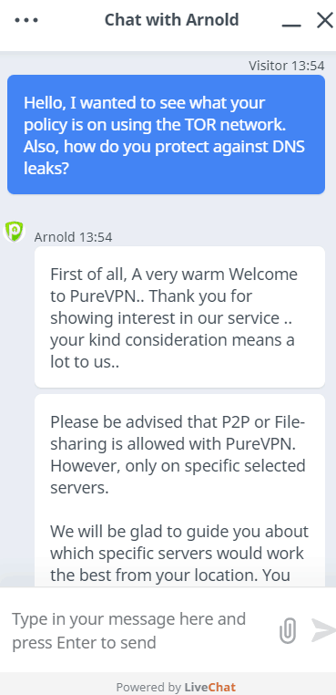 PureVPN Live Chat Response