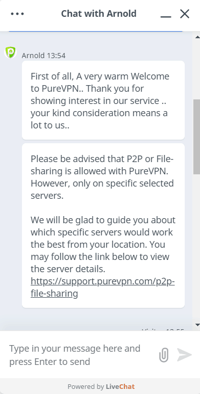 PureVPN Live Chat Response