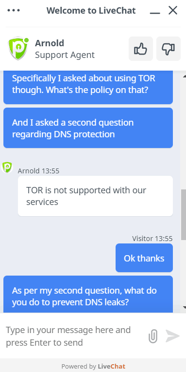 PureVPN Live Chat Response
