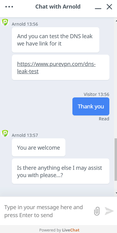 PureVPN Live Chat Response