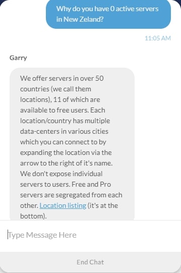 Garry chatbot response windscribe 1