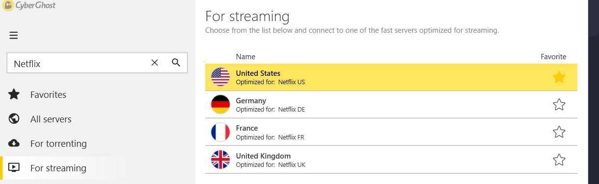 CyberGhost Netflix Servers
