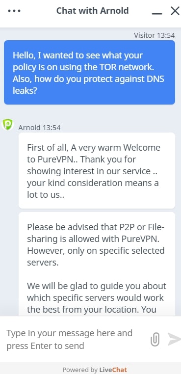 PureVPN Live Chat Response