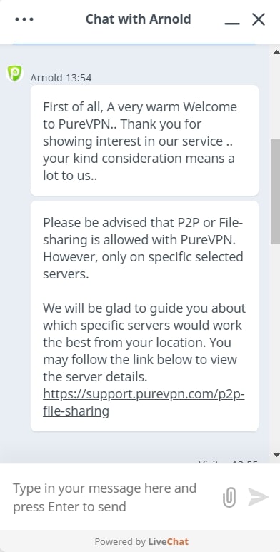 PureVPN Live Chat Response