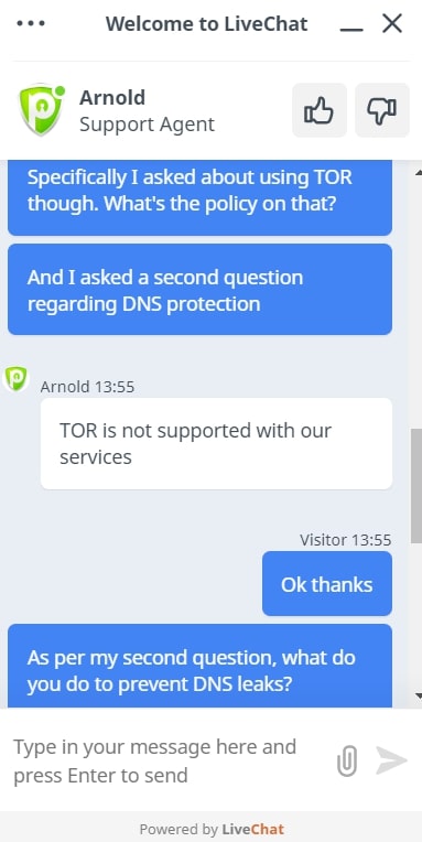 PureVPN Live Chat Response