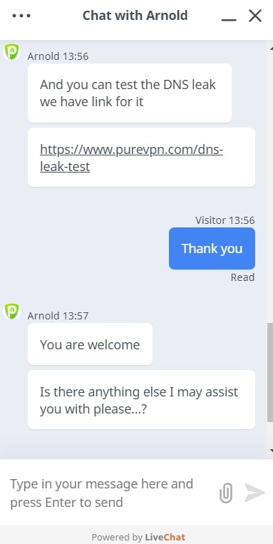 PureVPN Live Chat Response