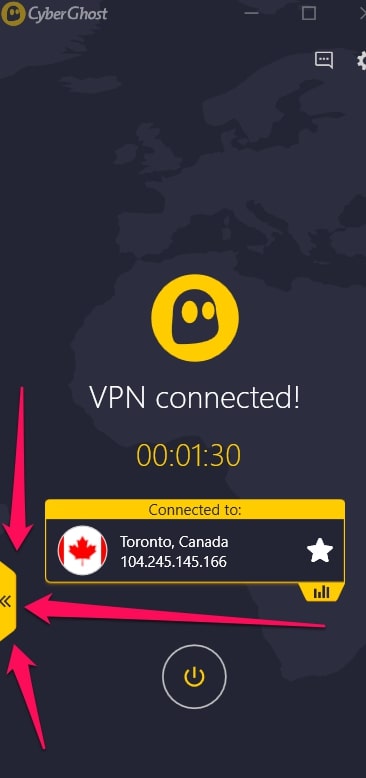 CyberGhost VPN Servers Menu