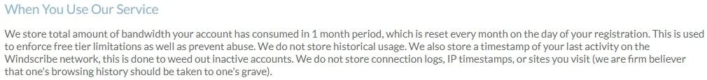 WindScribe logging policy