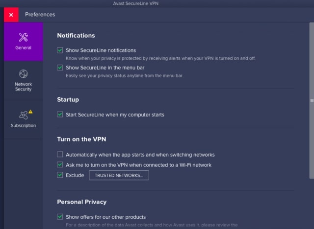 Avast Preferences Page