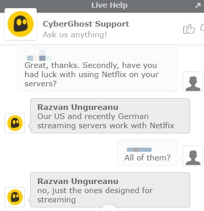 Cyberghost Live Chat on Netflix streaming