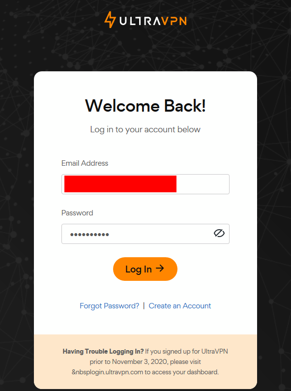 ultravpn log in screen